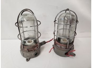 2 Vintage Industrial Cage Glass Lights