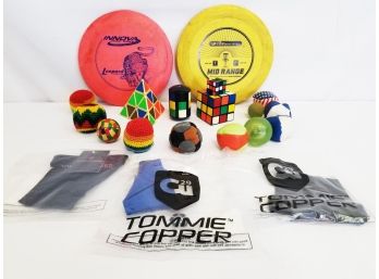 Vintage Games: Hacky Sack Balls, Small Rubber Bouncy Balls, Frisbees, Rubik's Cubes