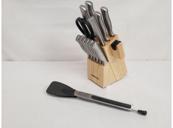 Farberware Wood Knife Block, Stainless Knives And Farberware Tongs