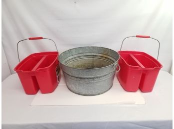 Pair Of Red Rubbermaid Double Buckets & One Vintage Galvanized Handled Tub