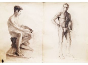 Two Vintage 1950's Pencil Graphite Art Drawings Of Male Models Signed By Artist Angelo Gepponi 1911-2011