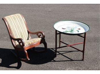 Vintage Children's Upholstered Rocking Chair And  Hand Painted Butterfly Tray End Table