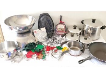 Assortment Of Revere Copper Clad & T-Fal Cookware, Stainless Mixing Bowls, Cookie Cutters & More