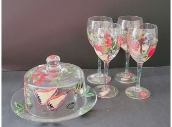 Hand Painted Covered Cheese Dome, Plate & Four Matching Wine Glasses