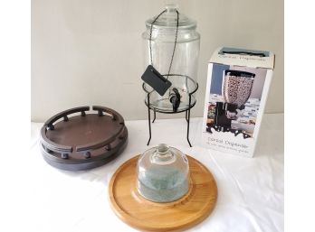 Assortment Of Kitchen Helpers - Vintage Wood Lazy Susan, Tall Glass Beverage Dispenser And More