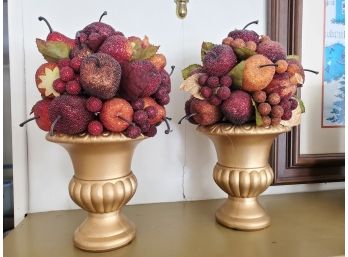 Pair Faux Fruit In Gold Tone Urns