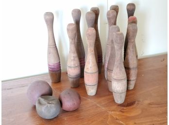 Antique Wood Toy Bowling Pins & Rubber Balls