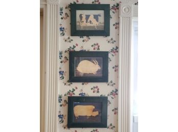 Three Framed Country Primitive Styled Farm Animal Wall Art Prints