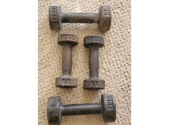 Two Pairs Vintage York 3 & 5 Pound Cast Iron Hand Held Dumbells