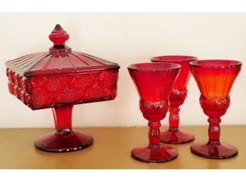 Vintage Red Glass Pedestal Candy Dish & Three Cordial Stems