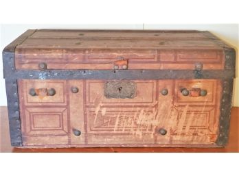 Antique Small Childs Wood Trunk With Leather Straps And Metal Accents & Latch