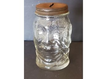 1930s Vintage Nash Mustard Jar Lucky Joe Coin Bank Figural Glass Mans Head