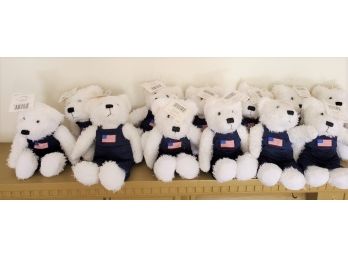 One Dozen New Hallmark Fuzzy White Plush Bears - Dressed In Blue Patriotic Overalls