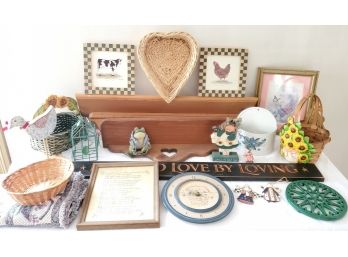 Assortment Of Country Home Decor & Accessories - Wood Shelves & Sign, Baskets, Figurines, Table Runner & More