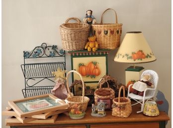 Country Primitive Decor Lot - Baskets, Lamps, Wire Letter Rack, Plush And More