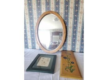 Trio Of Home Decor - Signed Fiber Art, Oval Oak Mirror, Floral Paint On Wood Board