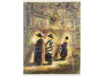 Framed Lithography Rabbi's Praying At The Wailing Wall Signed