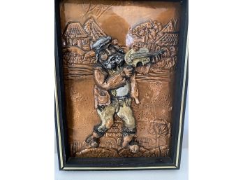 Framed And Signed Copper Plaque Man Playing Instrument