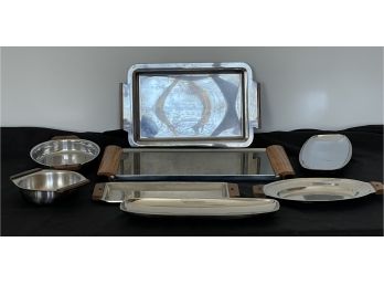 Group Of Stainless & Wood Serving Pieces And Party Hostess Warming Tray