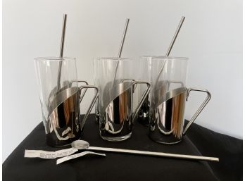 Glass And Stainless Steel Six Coffee Mugs With Four Spoons