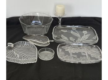 Group Of Glass Entertaining Bowl, Platters And Candle Stick