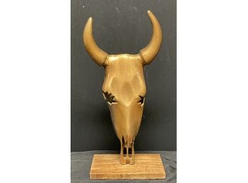 Cast Aluminum Bull Sculpture On Wood Base Made In India