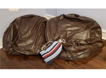 Portable Outdoor Hammock In A Bag & Two Brown Vinyl Covered Bean Bag Chairs