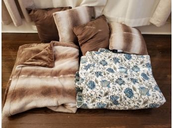 Four Furry Throw Pillows With Matching Blanket And A Blue & Green Reversible Quilt