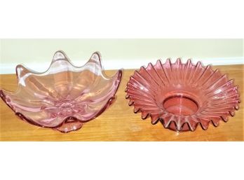 Two Vintage Cranberry Glass Centerpiece Bowls