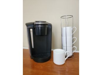Keurig Coffee Maker & Set Of Four Fortessa White Coffee Mugs & Stainless Caddy