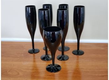 Set Of Six Mikasa Jet Black Champagne Glass Flutes And One Wine Glass