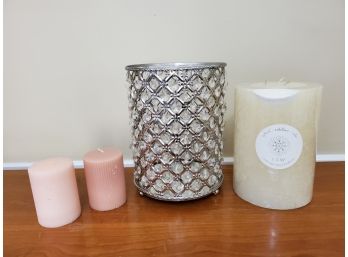 F & W Giant Three Wick Pillar Candle & Decorative Holder And Two Smaller Scented Pillar Candles