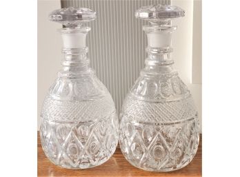 Pair Of Vintage Pressed Cut Glass Decanters With Matching Glass Stoppers