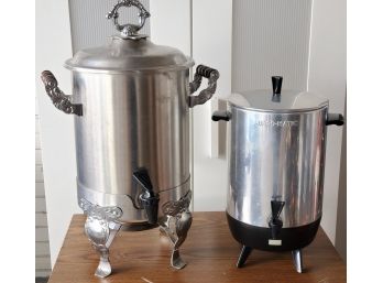 Two Vintage Stainless Steel 30 Cup Mirro Matic Coffee Maker & Large Hot Or Cold Beverage Dispenser