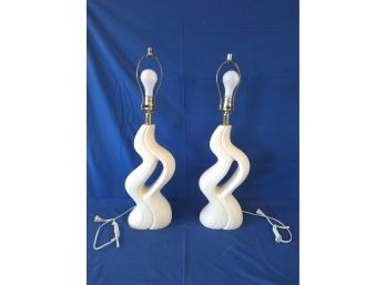 Vintage Working Textured White Pottery Squiggle Lamps