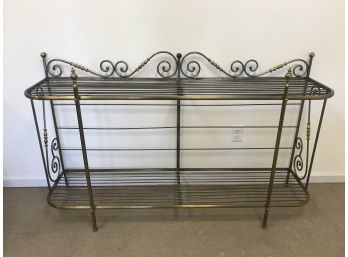 Decorative Bakers Rack / Console Table In Brushed Nickel And Brass With Glass Shelves