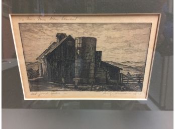 Etching By Famous American Artist Luigi Lucioni. Vermont Barn