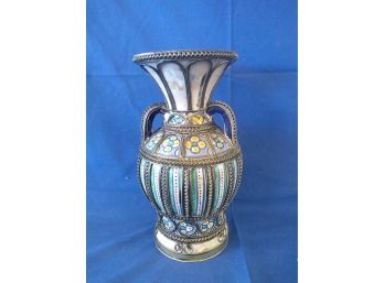 Middle Eastern Style Pottery Handled Vase With Metal Mounted Detail