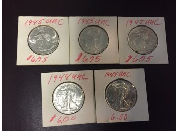 5 Standing Liberty  Half Dollars Unc. 3, 1945  2, 1944