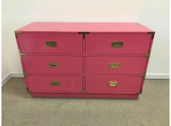 Vintage Pink Lacquered Campaign Style Chest With Inset Brass Pulls And Hardware