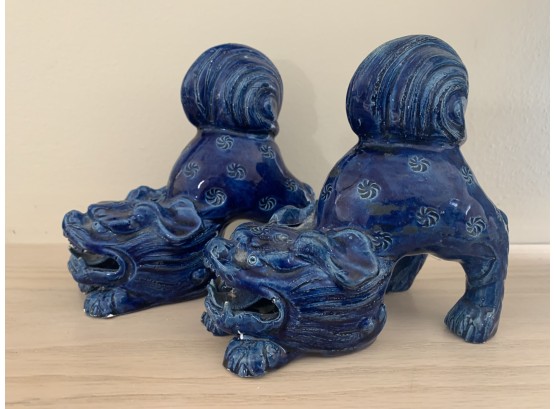 Pair Vintage Cobalt Blue Glazed Crouching Foo Dogs