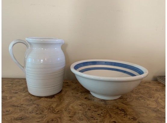 Vintage Blue And White Batter Bowl And A White Pitcher