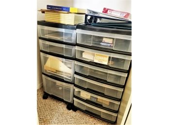 Two Plastic Office Storage Drawer Cabinets & Variety Of Office Supplies