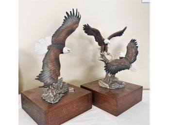 Two Porcelain American Eagle  Figures On Wood Bases