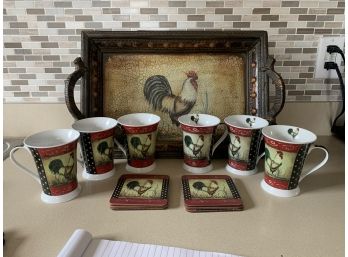 Rooster Mugs, Coasters And Serving Tray