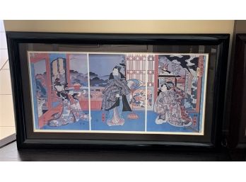 Vintage Asian Triptych In A Black Lacquered Frame