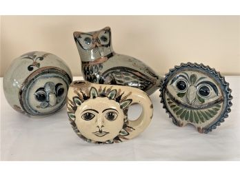 Four Owl Themed Folk Art Unique Pottery Pieces