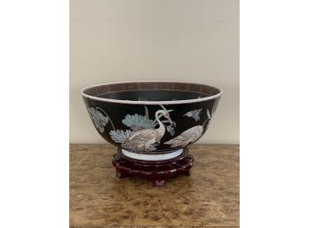 Charming Black Porcelain Oriental Bowl On Teak Stand