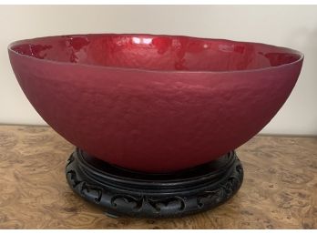 Large Deep Red Enameled Bowl On Teak Stand