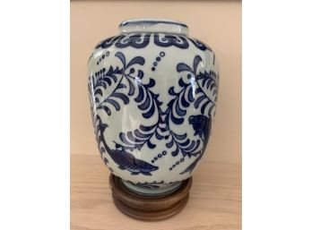 Small Blue & White Oriental Vase On A Teak Stand